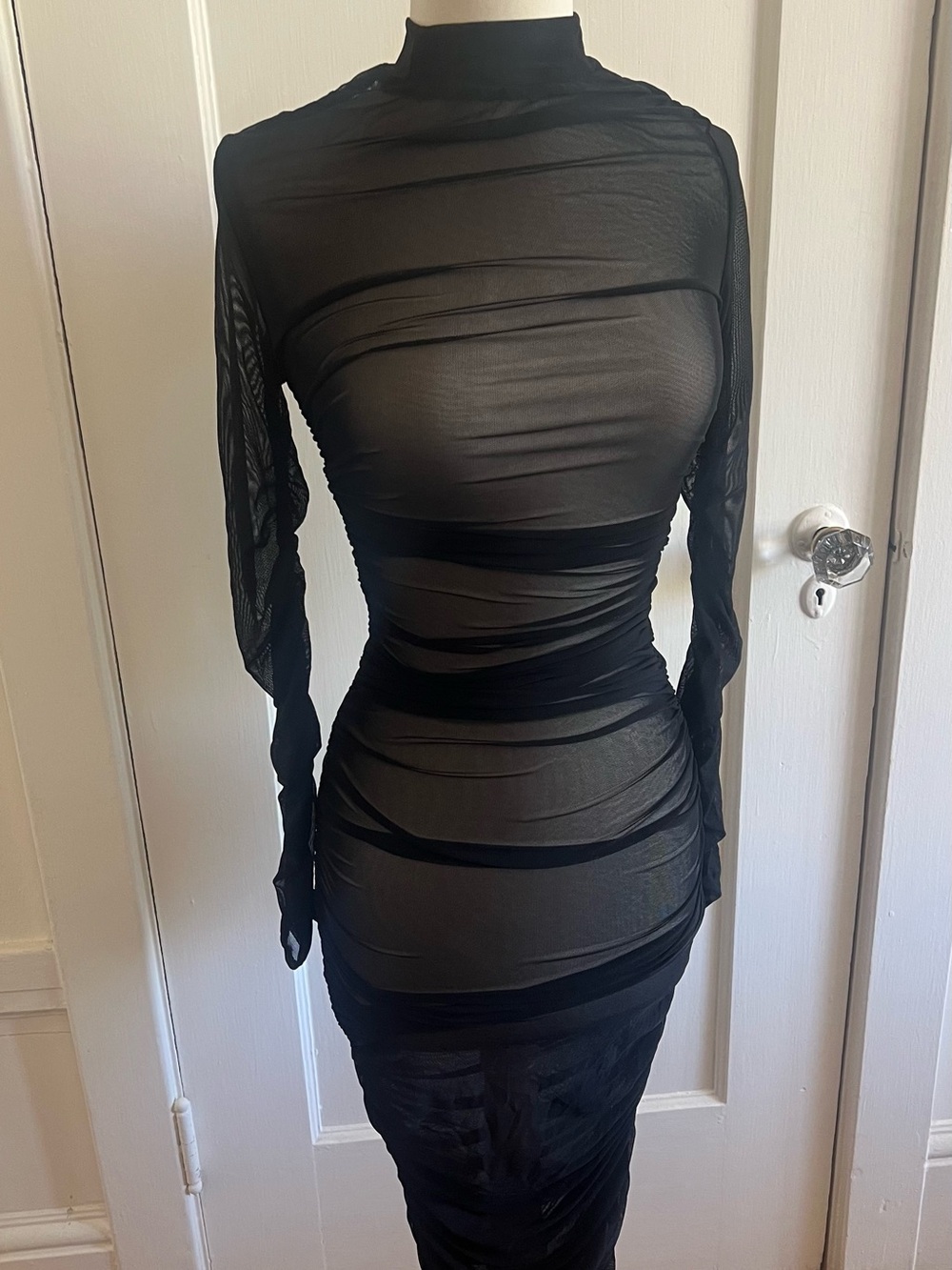 Black Mesh Long-Sleeve Bodycon Dress